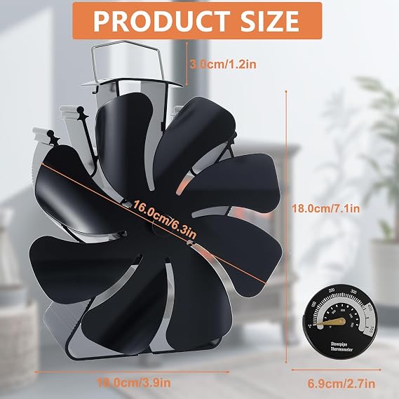 8 Blades Log Burner Stove Fan with Thermometer Heat Powered Wood Burner Fireplace Fan Triangle Base Fire Fans for Fireplace/Log Burner/Wood Burning Stove