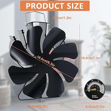 8 Blades Log Burner Stove Fan with Thermometer Heat Powered Wood Burner Fireplace Fan Triangle Base Fire Fans for Fireplace/Log Burner/Wood Burning Stove