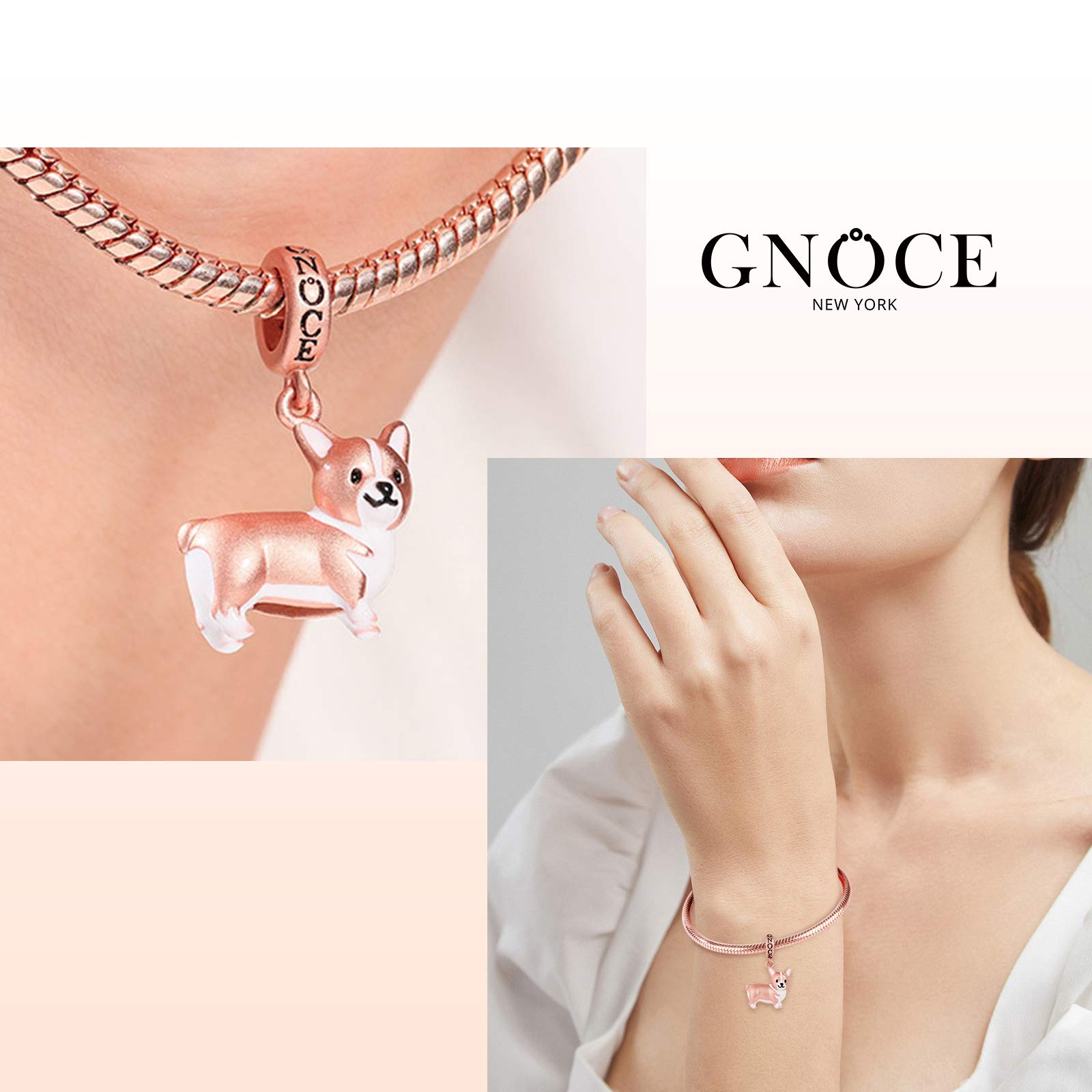 GNOCE Corgi Anhänger Charm Sterling Silber Matt 18 Karat Roségold plattiert Tier Hund Beads Charm Fit Armband/Halskette Weihnachts Geschenk für Frauen Mädchen Tochter