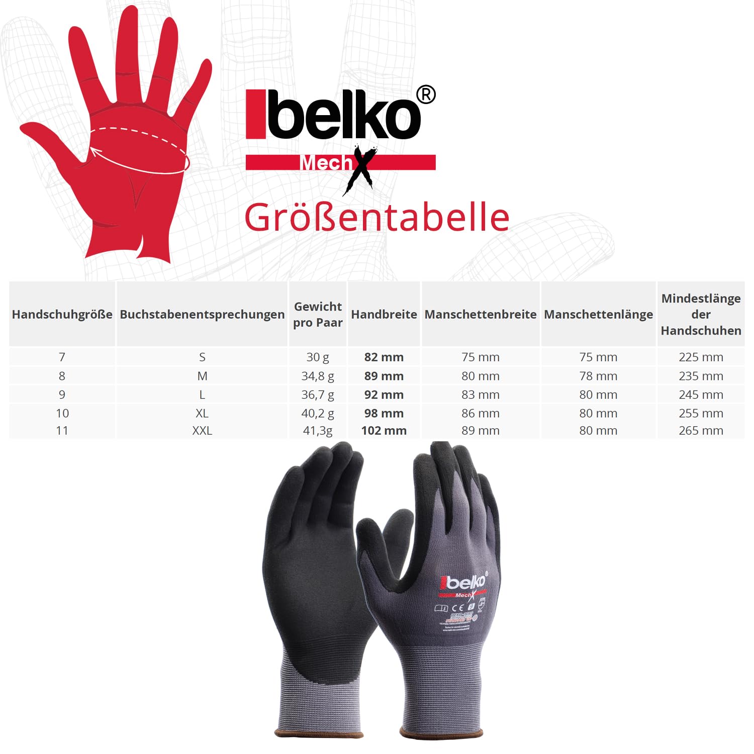 BELKO 12 Paar MechX Arbeitshandschuhe Schutzhandschuhe Montagehandschuhe Griphandschuhe Gartenhandschuhe Feinarbeiten EN388 - Größe: 10 (XL)