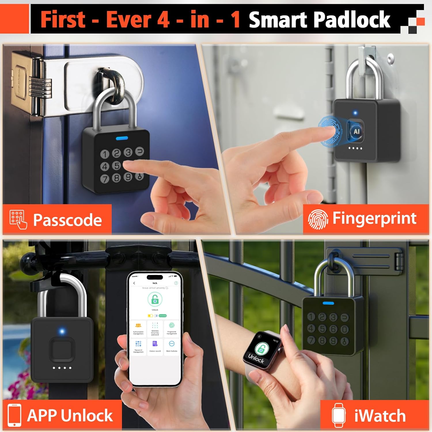 Visual representation of the Anweller P7BF smart padlock's four unlocking methods: passcode, fingerprint, app unlock, and iWatch unlock.