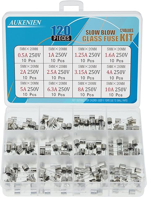 AUKENIEN Slow Blow Glass Fuse Assortment Kit 250V T 0.5 1 1.25 1.6 2 2.5 3.15 4 5 6.3 8 10 Amp 20MM 0.5A 1A 1.25A 1.6A 2A 2.5A 3.15A 4A 5A 6.3A 8A 10A 5X20 Fuses assorted household uk