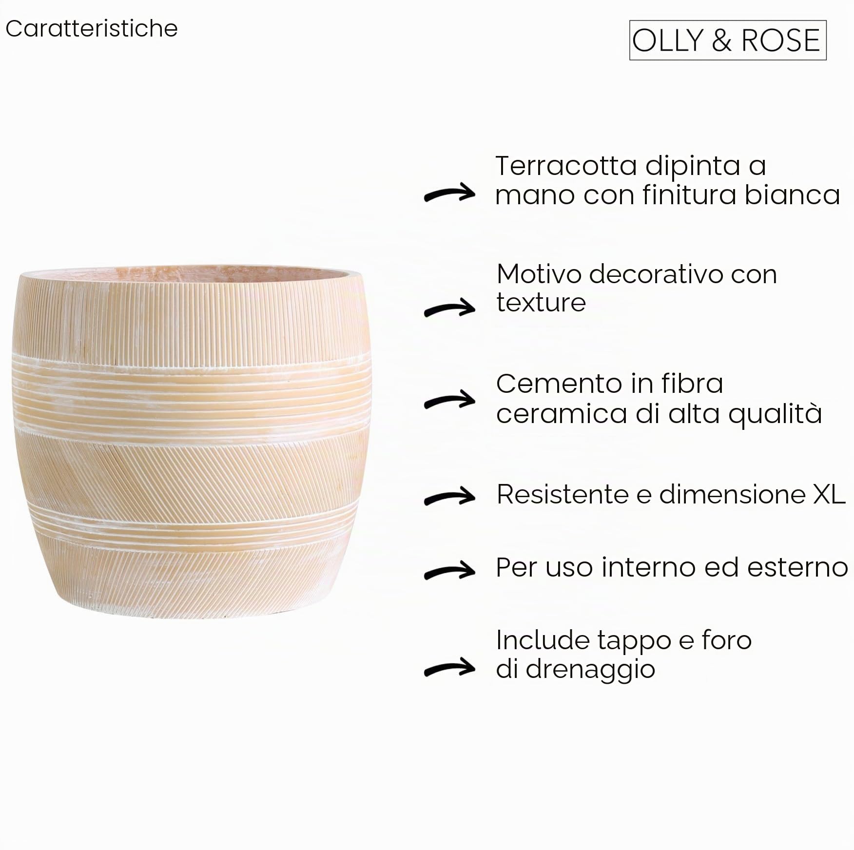 Olly & Rose Vaso per Piante Extra Grande a Motivo - Vaso da Giardino in Terracotta in Fibra di Cemento Ceramico - Vaso XL per Fiori - H 50 cm x D 44 cm