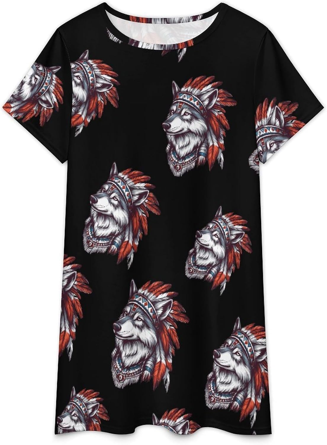 Chief of The Wolf Pack Tribal Wolves Womens Nightgown Short Sleeve Sleepshirts Loungewear