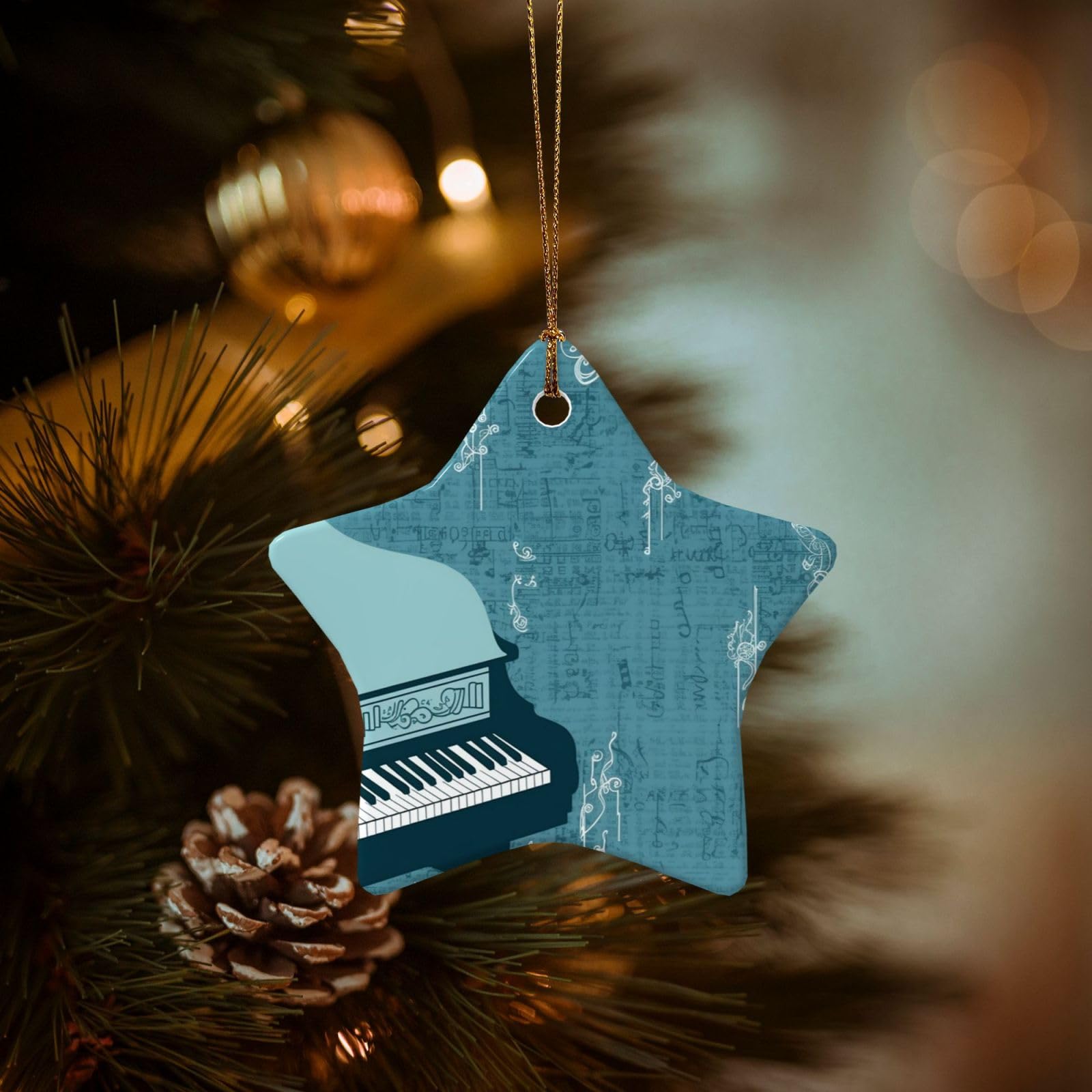 Christmas Tree Ornaments Ceramics Christmas Decorations Blue Piano Ornaments with Gold Ribbon Porcelain Xmas Tree Crafts Star Shape Hanging Pendant for Christmas Tree Party Decor