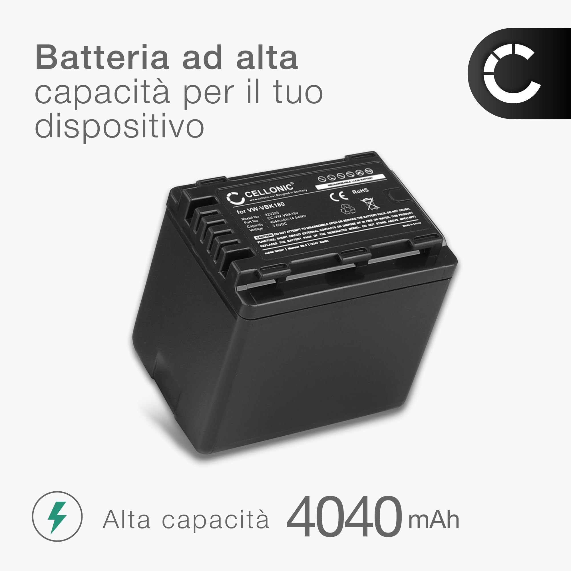 CELLONIC 1x Batteria per Fotocamera Compatibile con Panasonic HC-V180, HC-V777, HC-V380, VW-VBT190 – (4040mAh, 3.6V)