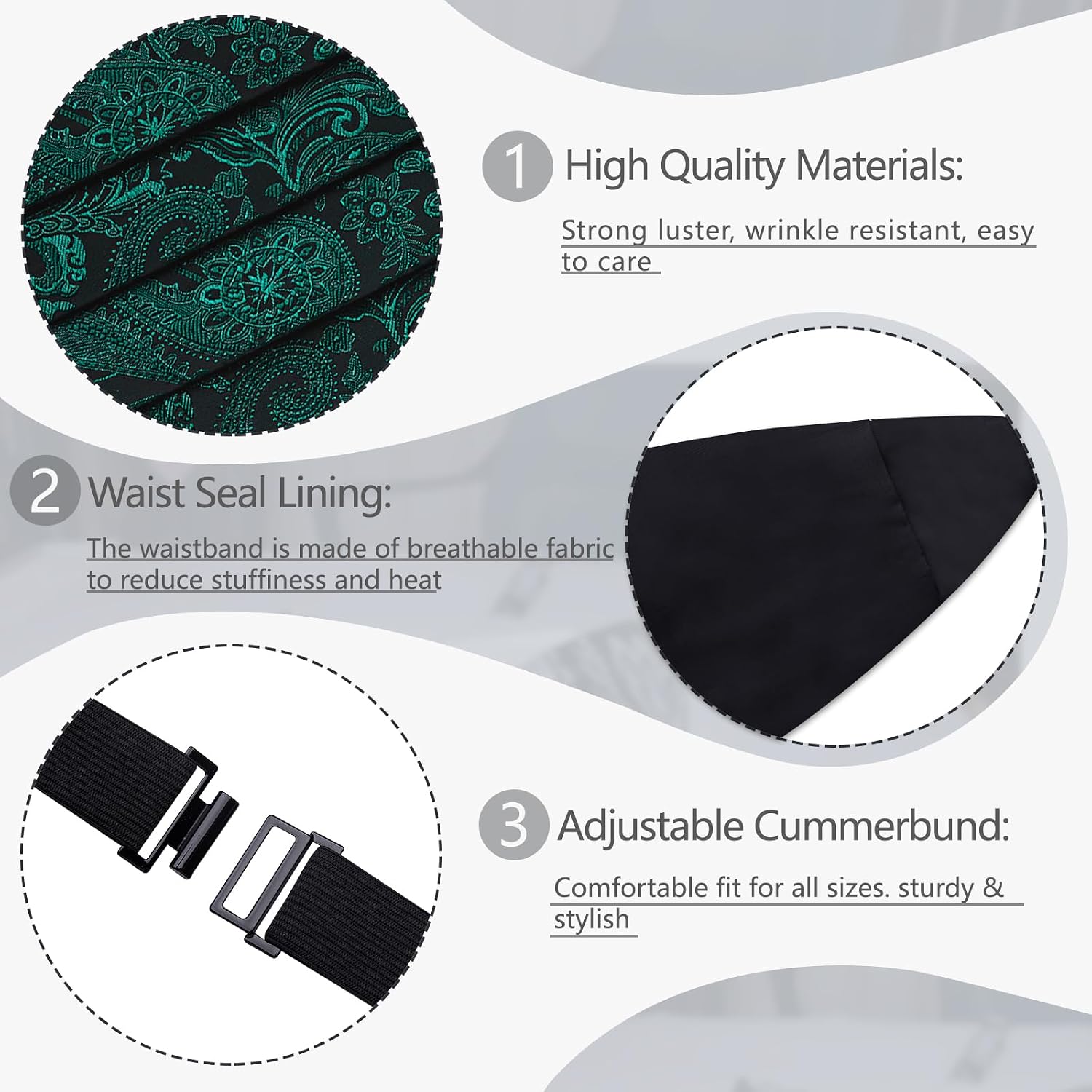 DiBanGu Mens Cummerbund Bow Tie Pocket Square Cufflinks Set Pre Tied Bowtie Formal Silk Waistband For Wedding Business