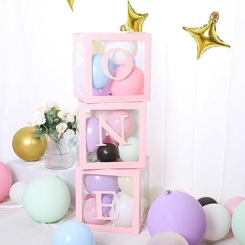 Miniatura 5 de HPLYEL Una caja para el primer cumpleaños, 3 cajas de globos para decoración de cumpleaños de baby shower con una letra para niños y niñas de 1 año,