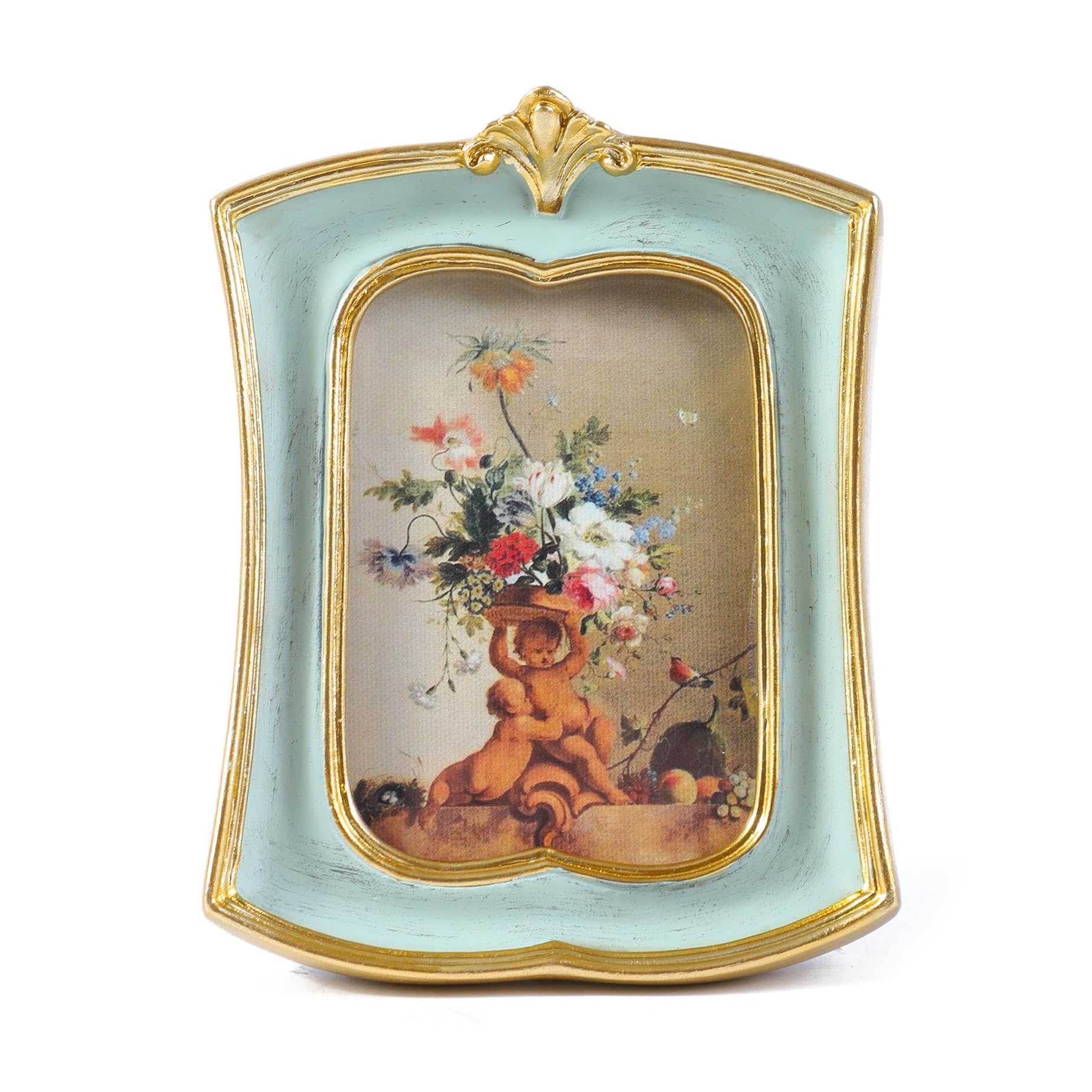Kangce Vintage Picture Frame 2.5x3.5 Antique Ornate Photo Frame Tabletop and Wall Hanging, Decorative Retro Design Home Decor, Old-Fashioned Photo Gallery Art, Sage Green