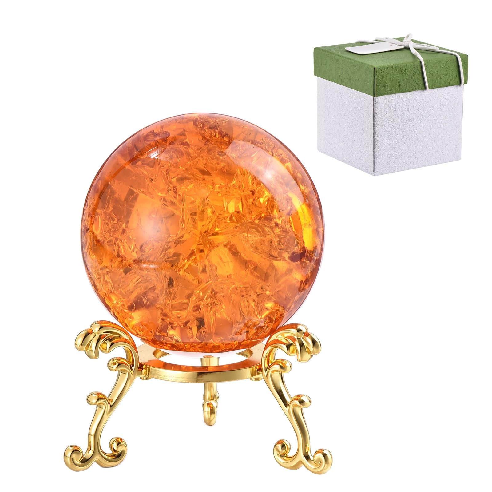 sourcing map 50 mm Round Crystal Sphere with Stand, Crystal Sphere Ice Cracked Decorative Ball Paperweight Gift Box Packaging for Home Decor Ornament Gift Craft Feng Shui Decor, Amber
