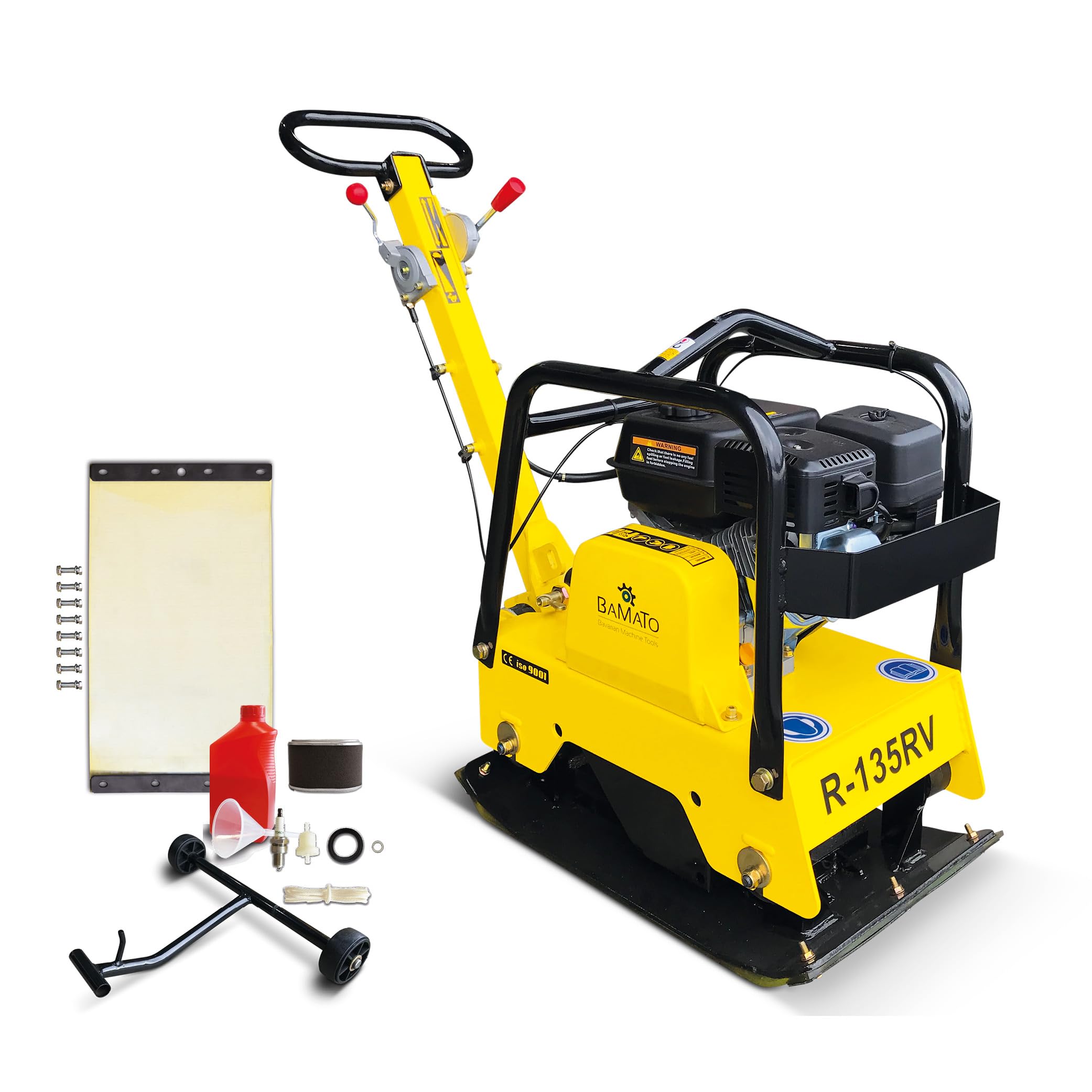 BAMATO Rüttelplatte R-135RV Vibrationsplatte Verdichter 25kN Rüttler | 25 kN Verdichtungsdruck | Reversibel mit Vor- und Rücklauf | Inkl. XXL-Zubehörkit & Fahrwerk | Massive Stahlkonstruktion