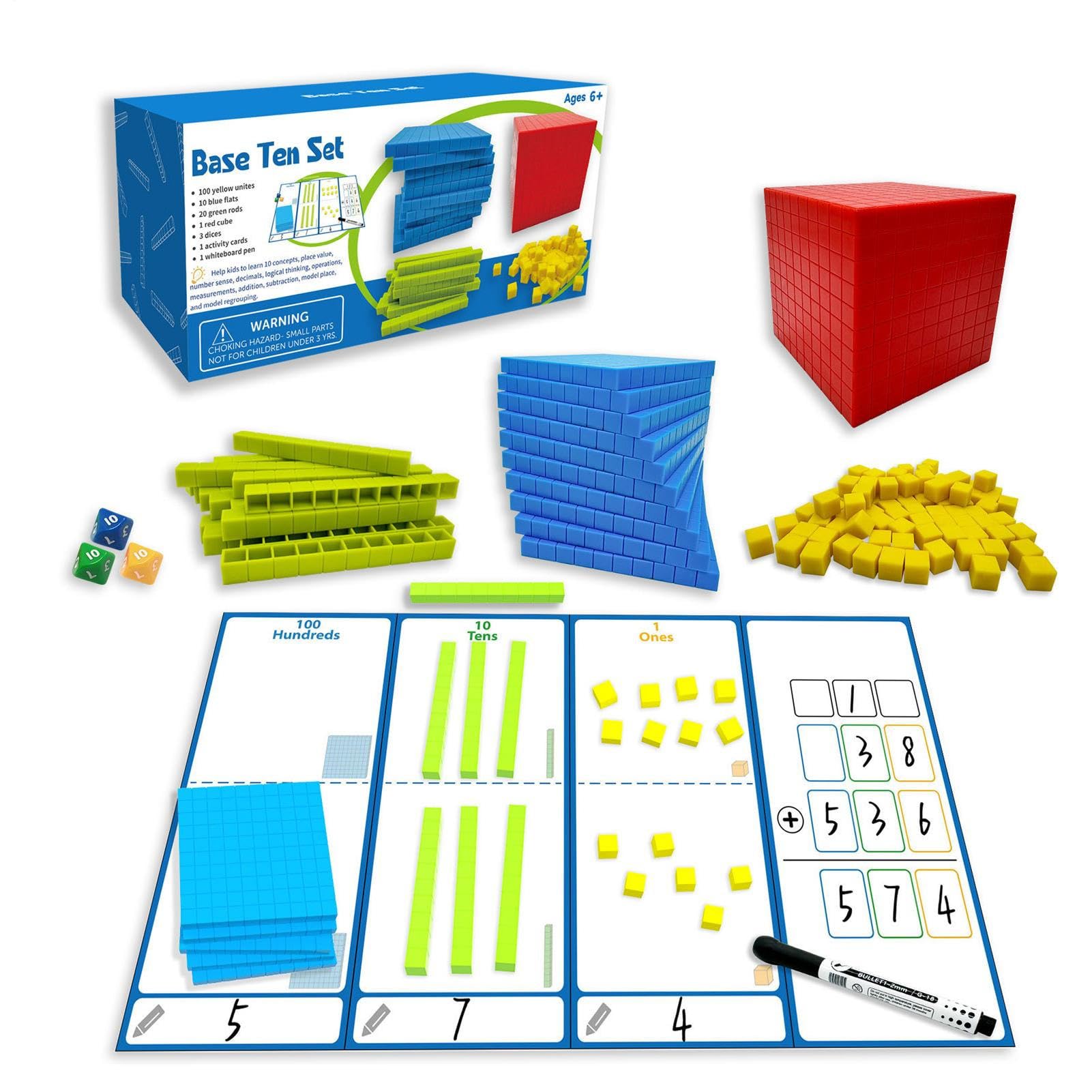 Base Ten Blocks - Manipulative Math Blocks | Base 10 Maths Equipment, Math Game Cubes, Preschool Learning Counting Block Set, Educational Toys To Teach Number Concepts & Place Value