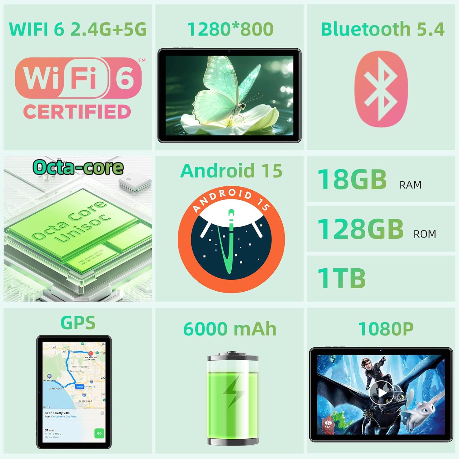 Tablet 10 inch Android 15 Tablets, 18GB RAM 128GB ROM 1TB Expand, Octa-Core Processor, 1280x800 IPS Widevine L1, WiFi 6, 8MP+5MP Dual Camera, BT5.4, 6000mAh, GPS - Image 2