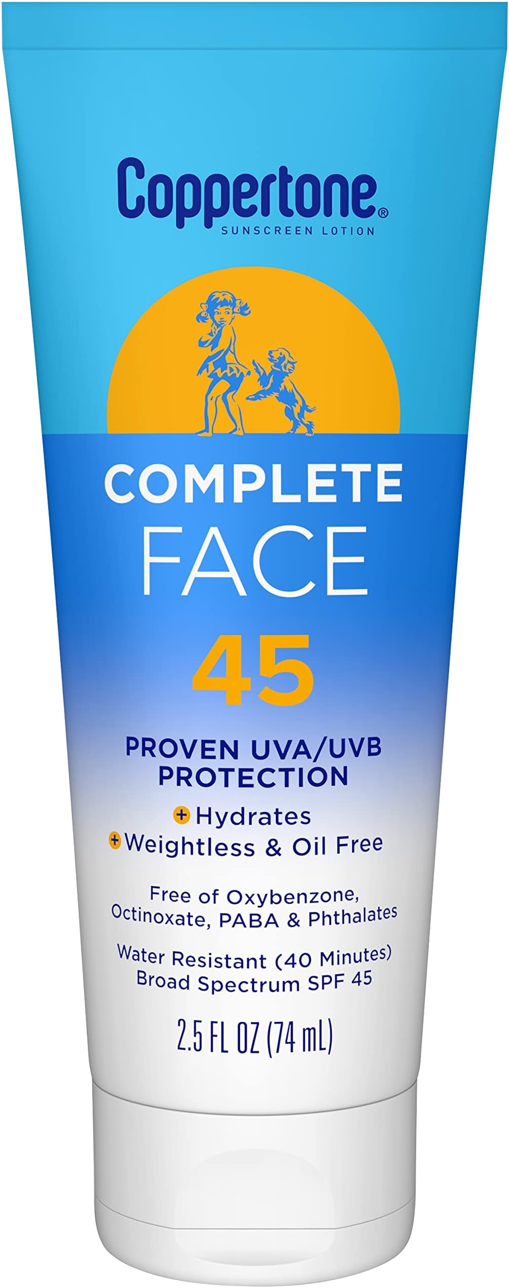 Coppertone Complete Face Sunscreen Lotion SPF 45, Weightless and Oil-Free, Water Resistant Sunscreen with Proven UVA/UVB Protection, 2.5 Fl Oz Tube