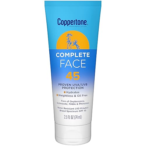Coppertone Loción de protección solar facial completa SPF 45, ligera y sin aceite, protector solar resistente al agua con protección UVA/UVB