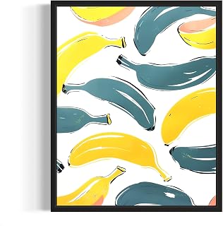 Banana Art Print Kitchen Poster, Pastel Fruit Theme Painting, Wall Art decor for Dining Room, Kitchen Gifts for Mom Decoration (Banana, 16x20 inches + (Black Frame))
