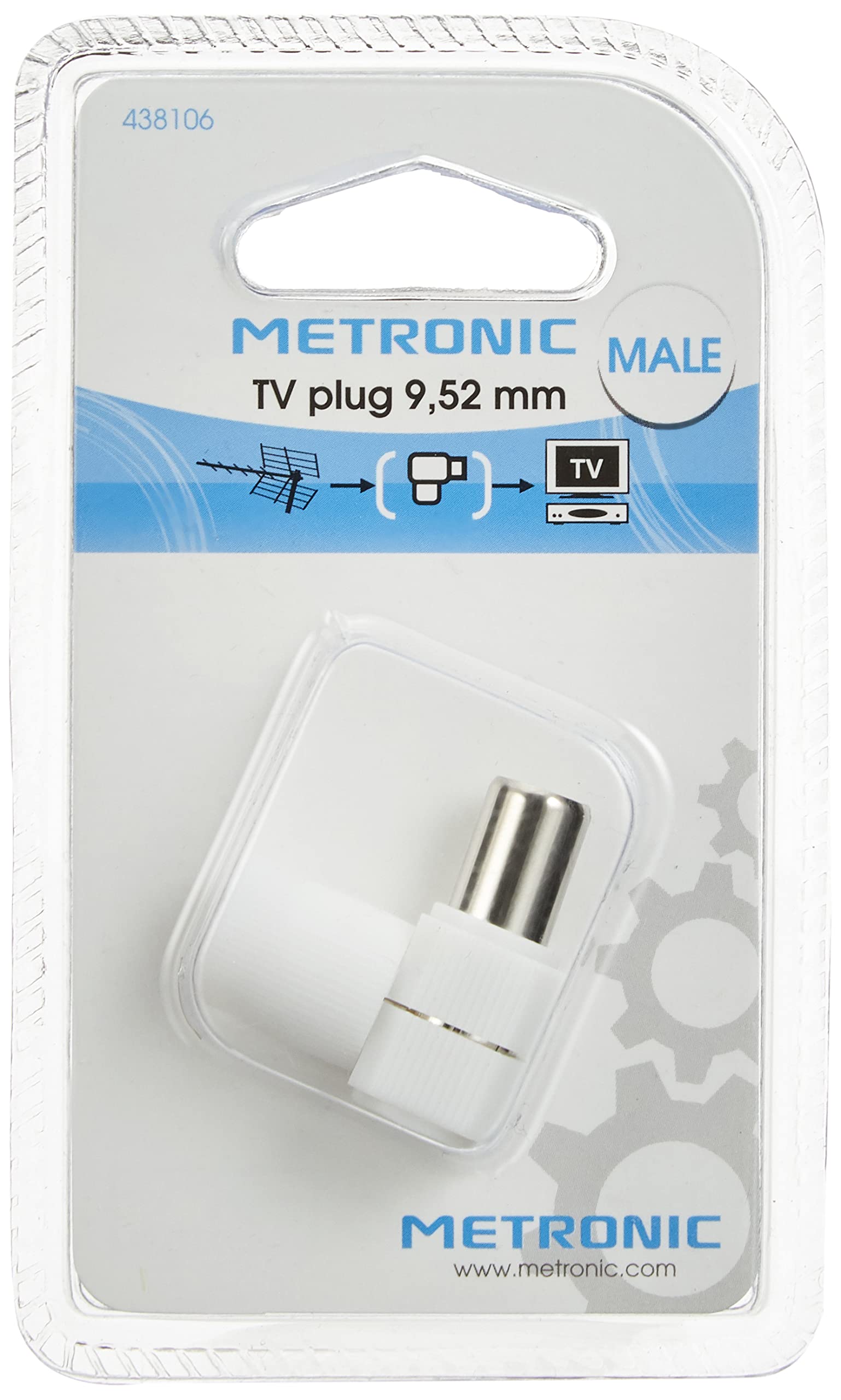 Metronic 438106 - Conector TV de 9.52 mm acodado, Color Blanco