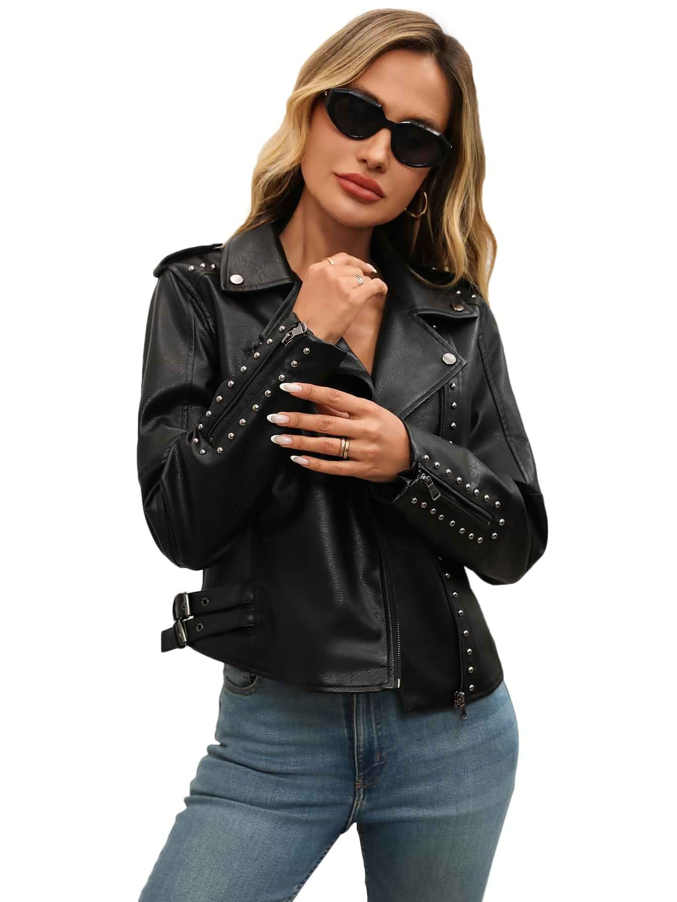 Studded Faux Leather Moto Jacket Women Black PU Biker Coat with Rivets Solid · Classic