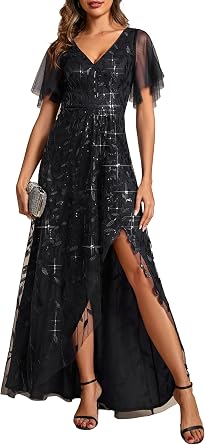 Ever-Pretty Womens Shimmery Formal Dress V Neck Sequins A-Line Side Slit Elegant Long Evening Dresses 02083