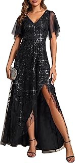 Women's Shimmery Formal Dress V Neck Sequins A-Line Side Slit Elegant Long Evening Dresses 02083