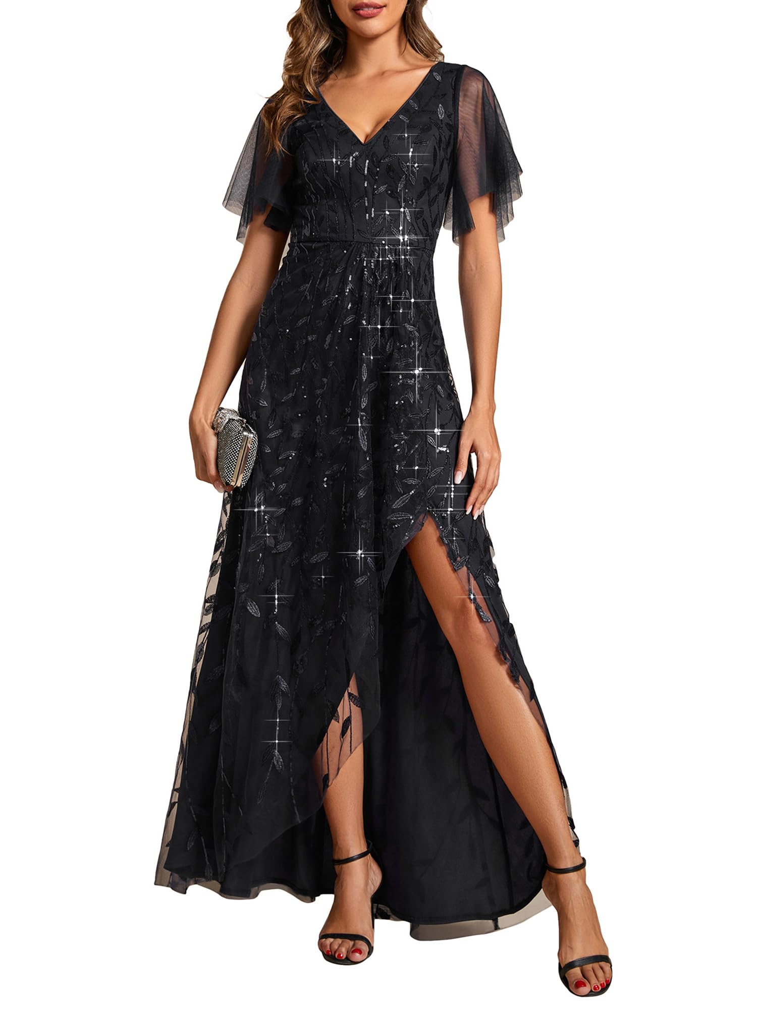 Ever-Pretty Women's Shimmery Formal Dress V Neck Sequins A-Line Side Slit Elegant Long Evening Dresses 02083