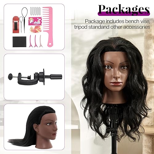 Miniatura 7 de Cabeza de maniquí de 20-22 pulgadas, cabeza de maniquí de pelo 100% real, cabeza de muñeca para trenzado y cosmetología, para entrenamiento de