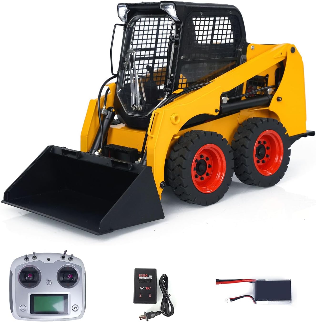 1/14 Metal Hydraulic RC Skid-Steer Loader SM450 Hydraulic System Remote Control Wheeled Car Model Light System Sound System Motor Servo ES(Yellow and Black)