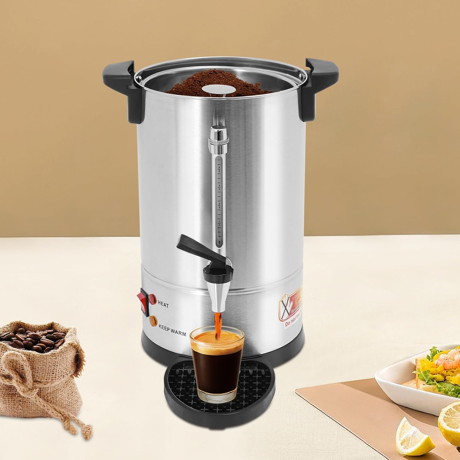 Commercial Coffee Urn with Filter, Coffee Maker With Auto Temp Control & Anti-dry Burn Protection, Large Stainless Steel Hot Beverage Dispenser, Hot Water Urn For Parties, Catering (Silver, 8L)