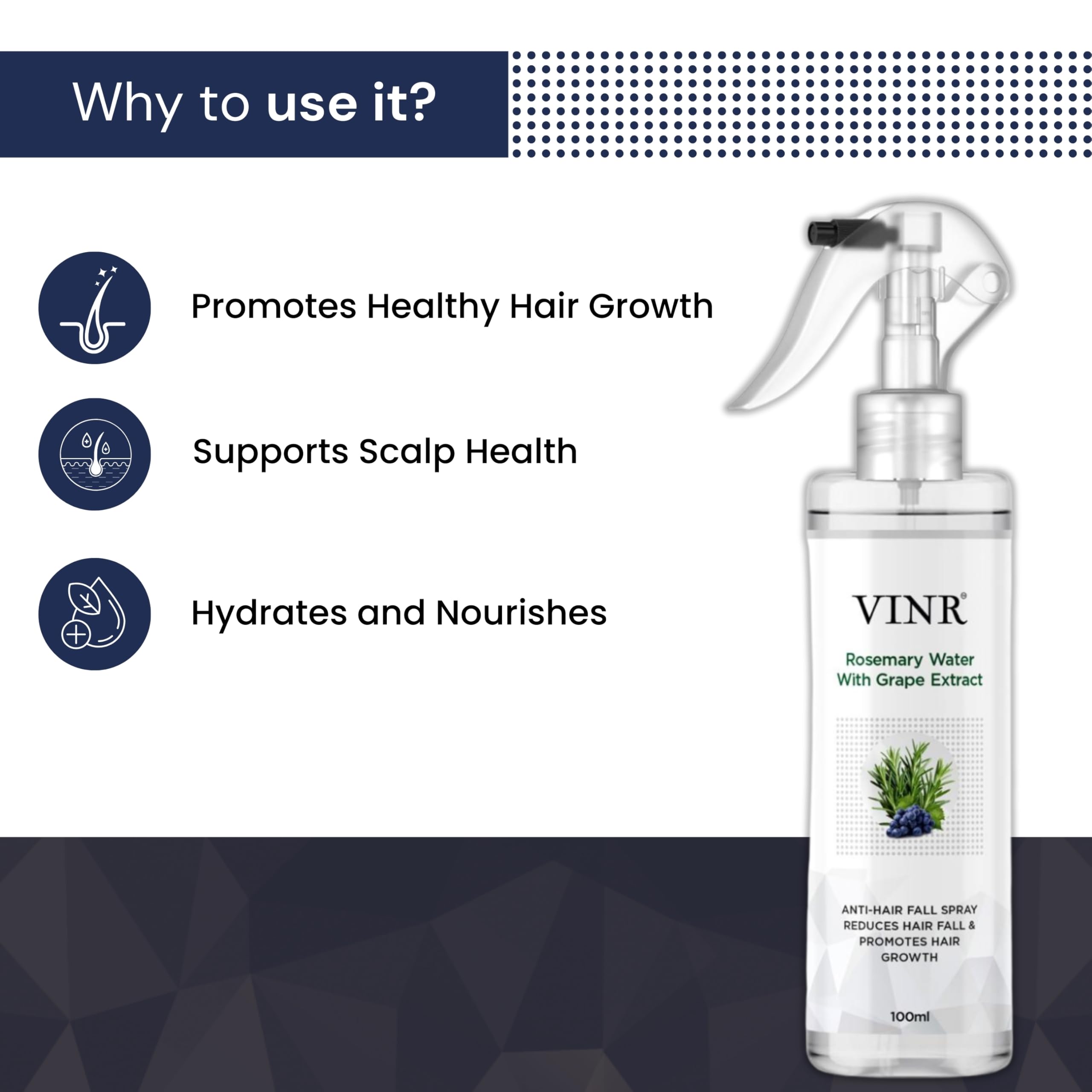 VINR ROSEMARY Water SPRAY for Hair Growth & Thickness | INFUSED WITH VITIS VINIFERA | Enriched with Rice Water & Grape Extract | 100% Natural Rosemary Hair Mist | Controls Hairfall, Adds Shine & Softness | Fast-Absorbing, 100 ml - Image 2 thumbnail