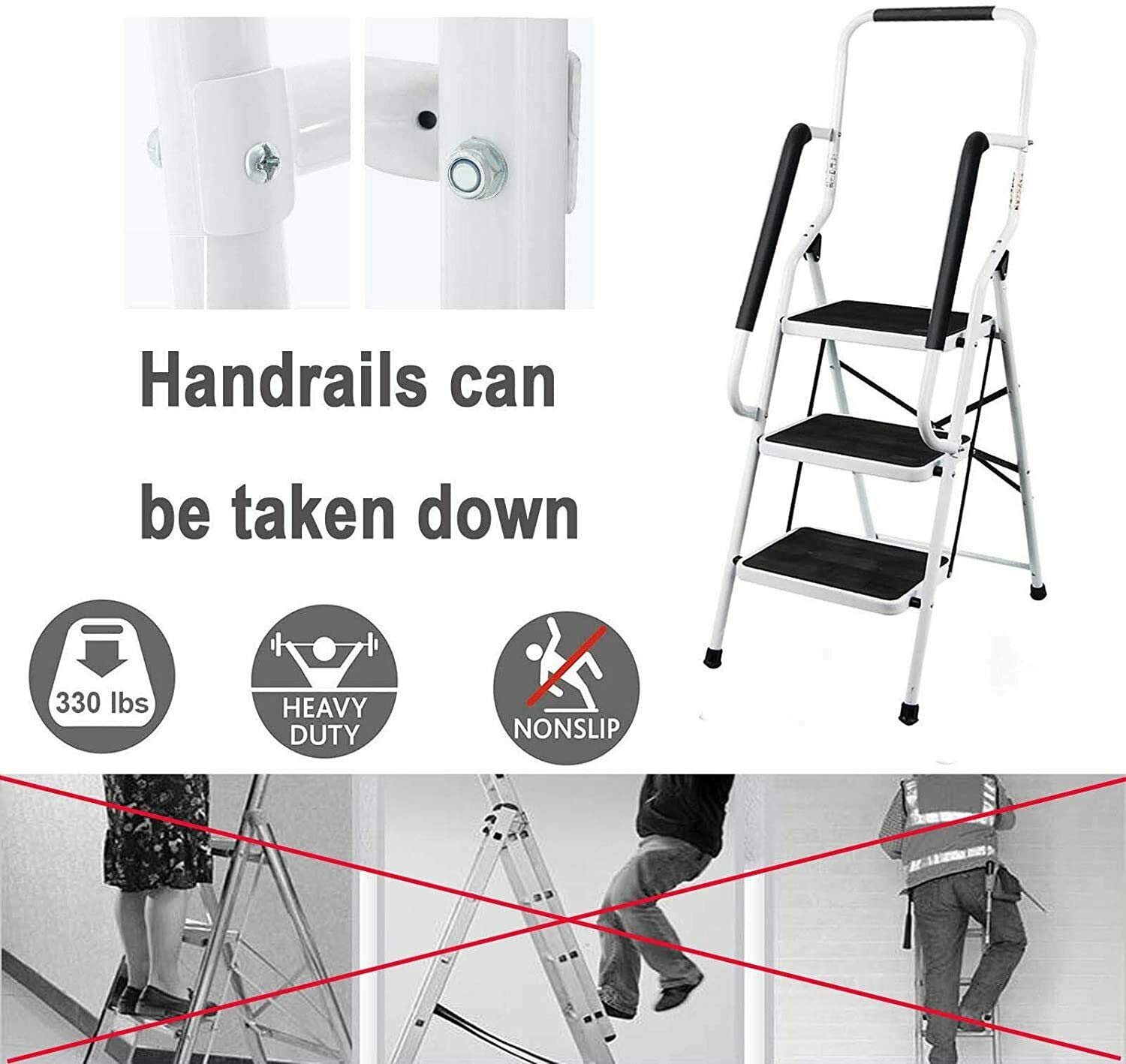 Escalera de tijera de 3 peldaños con pasamanos plegable, acero de alta calidad, ligera, plegable, hasta 150 kg