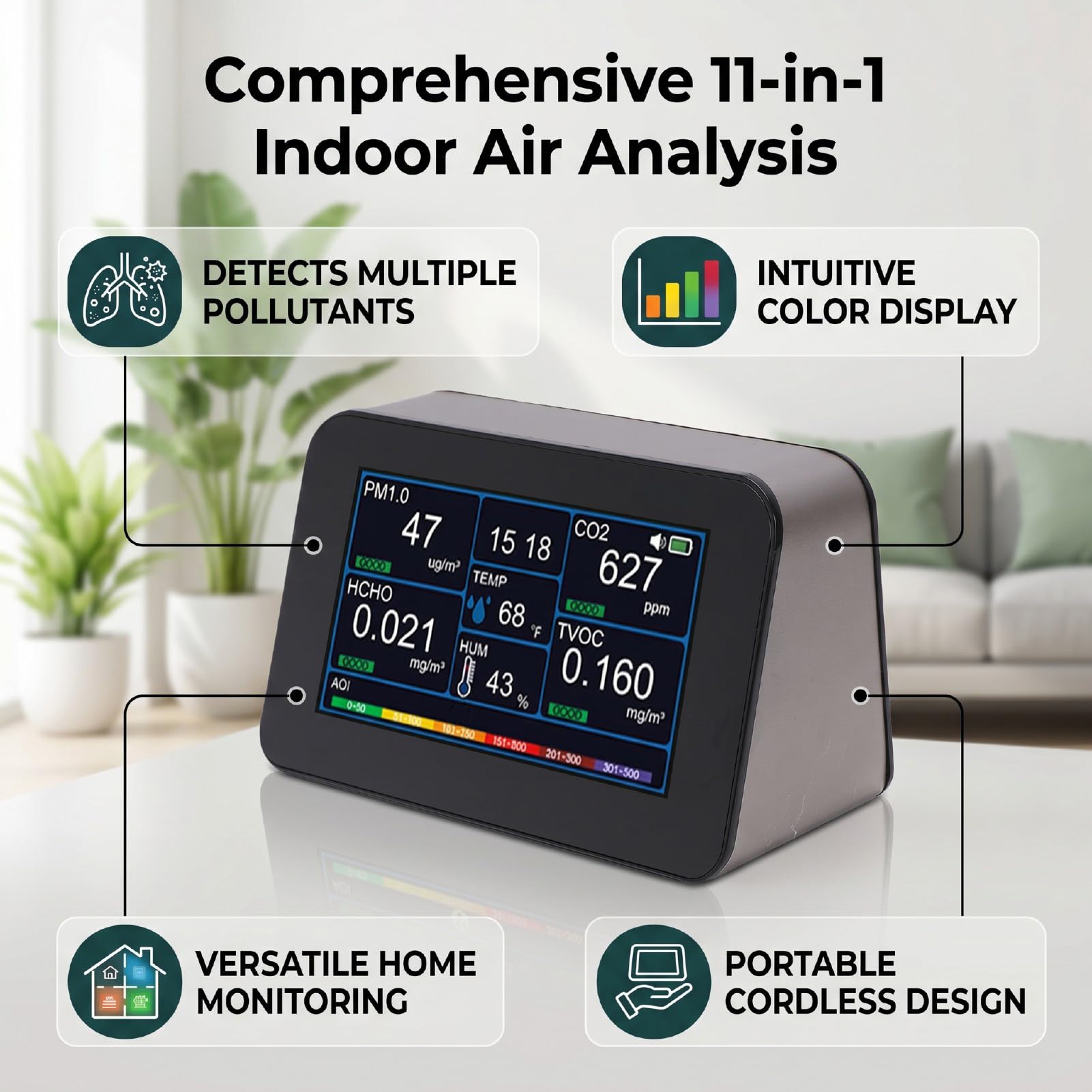 Generic Monitor de Calidad del Aire 11 en 1 para Información sobre Salud, Detección de CO2 HCHO PM2.5 en la Oficina en el Hogar, Probador Portátil Recargable con Pantalla de 4,3"