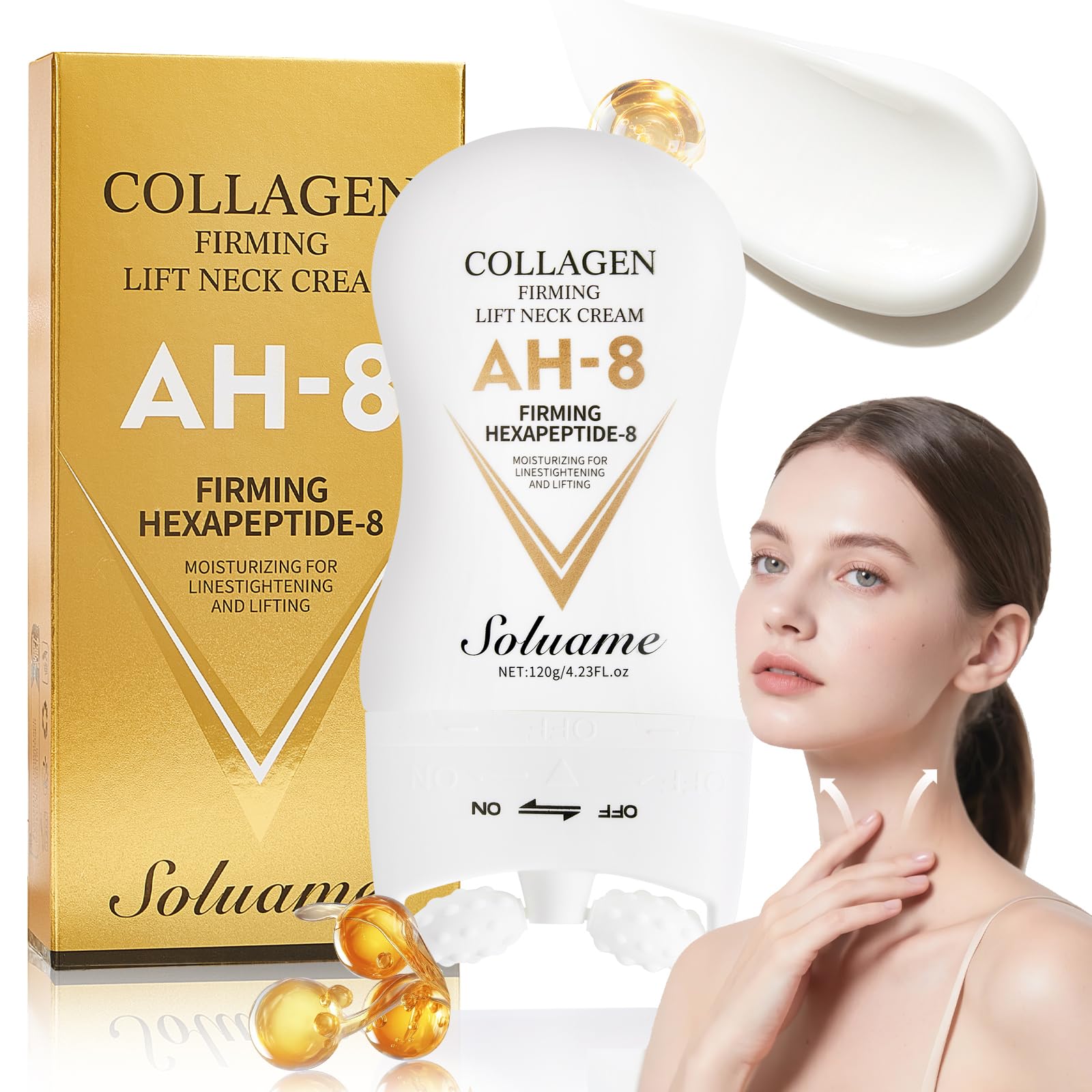 AH-8 Firming Neck Cream, Collagen Halscreme zum Straffen und Festigen Haut mit Massagerolle, Halsstraffungscreme, Hydrating für Männer und Frauen, 120g