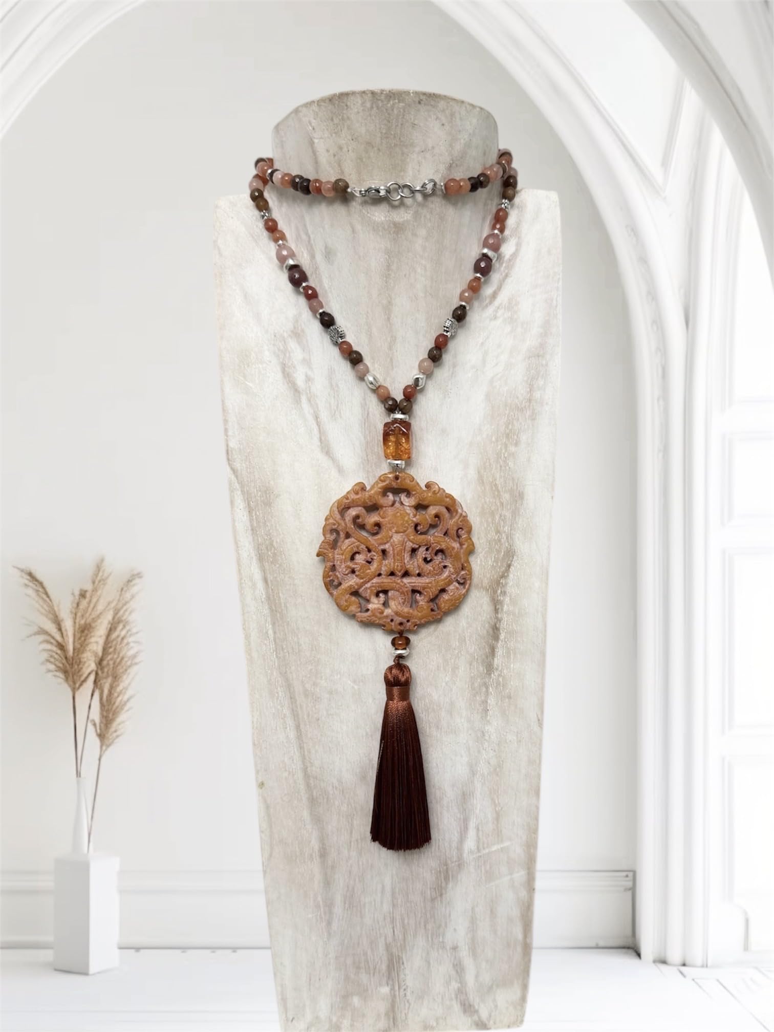 Anhur Collar Jade Naranja Marrón con Ágatas Piedras Naturales en Camel Teja Marrón Naranja Colgante Jade Mujer largo Boho Chic