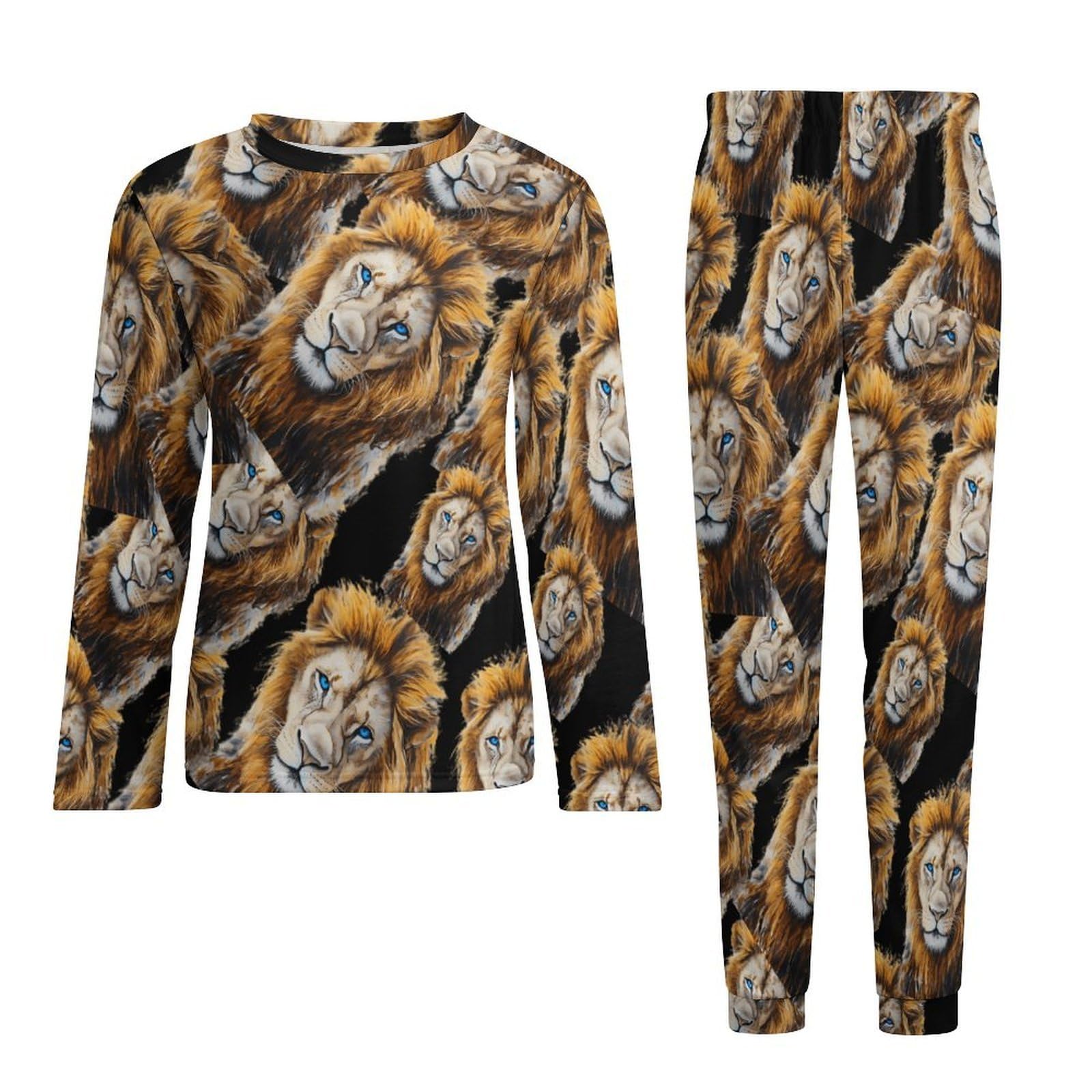 Conjunto de pijama de león acuarela para hombre, cuello redondo, 2 piezas, manga larga, suave, transpirable para todas las estaciones