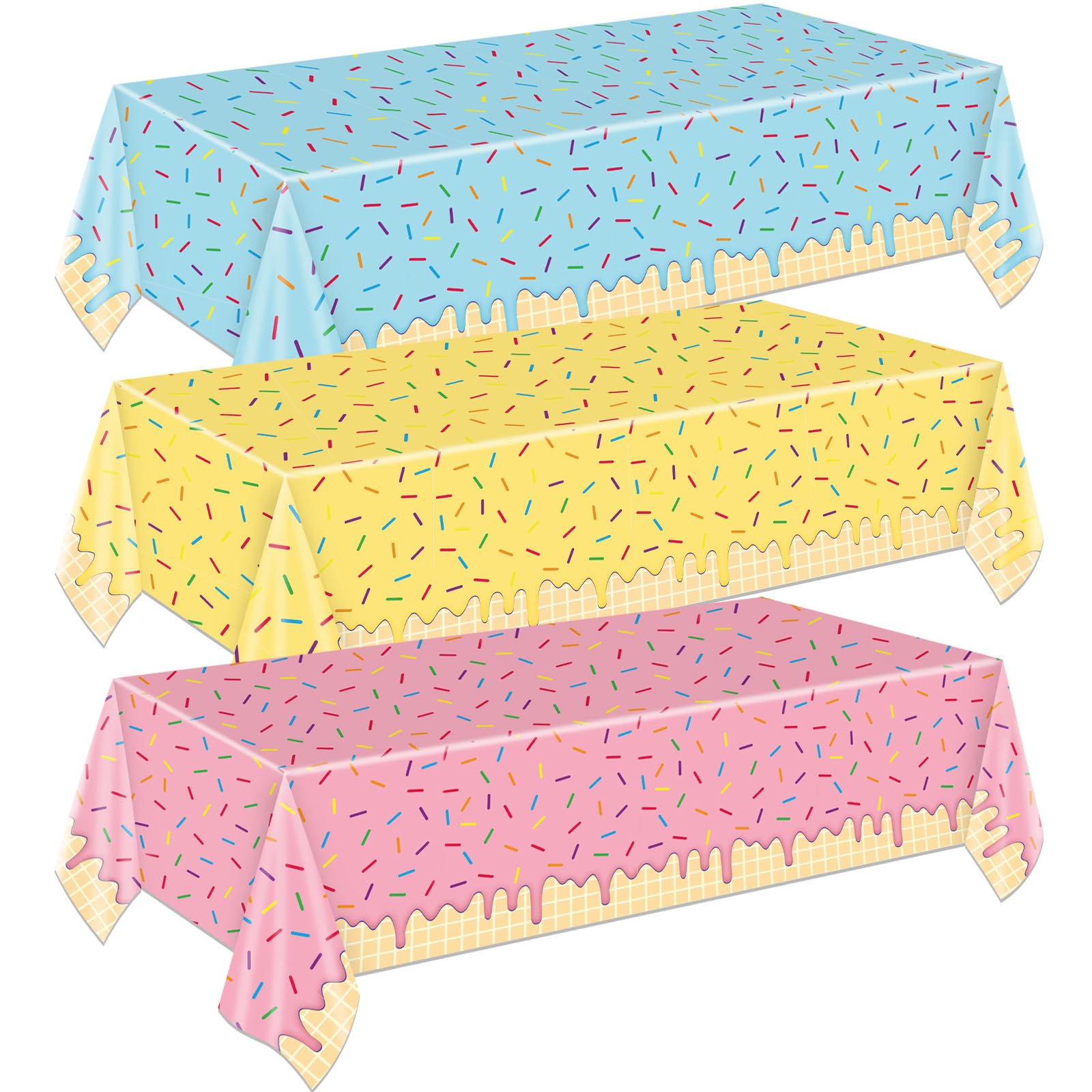 3 Pieces Ice Cream Sprinkle Plastic Tablecloth – 54x108 Inch Disposable Table Cover with Colorful Dripping Ice Cream and Confetti Design for Birthday, Socials, Kids’ Parties, Summer Table Decorations