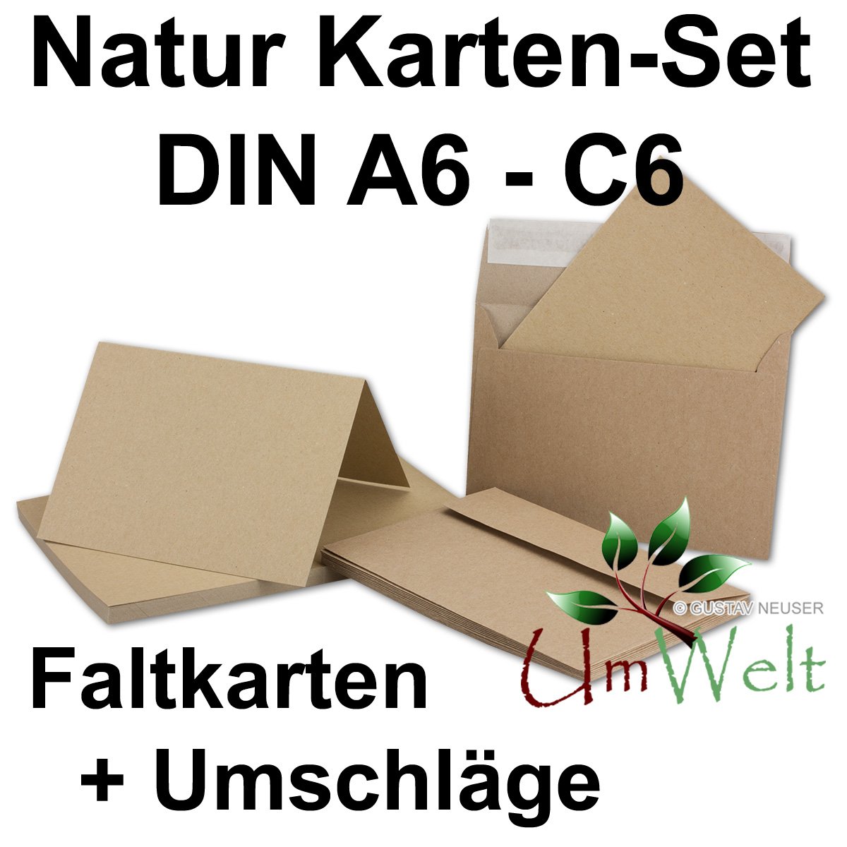200 Doppel-Karten mit Briefumschlägen aus Öko-Kraftpapier, DIN A6/C6, Falt-Karte:10,5 x14,8 cm, Umschlag 11,4x16,2 cm, blanko