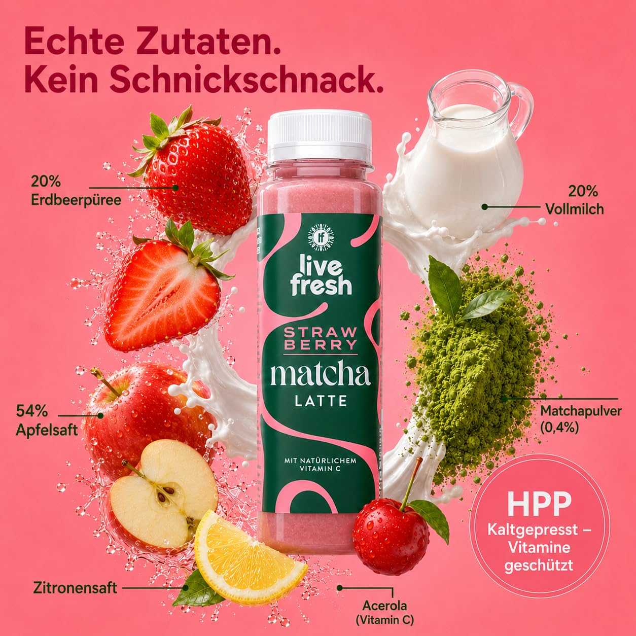 LiveFresh Matcha Latte Erdbeere – Fruchtiges Matcha Getränk mit Vitamin C – 6x250ml