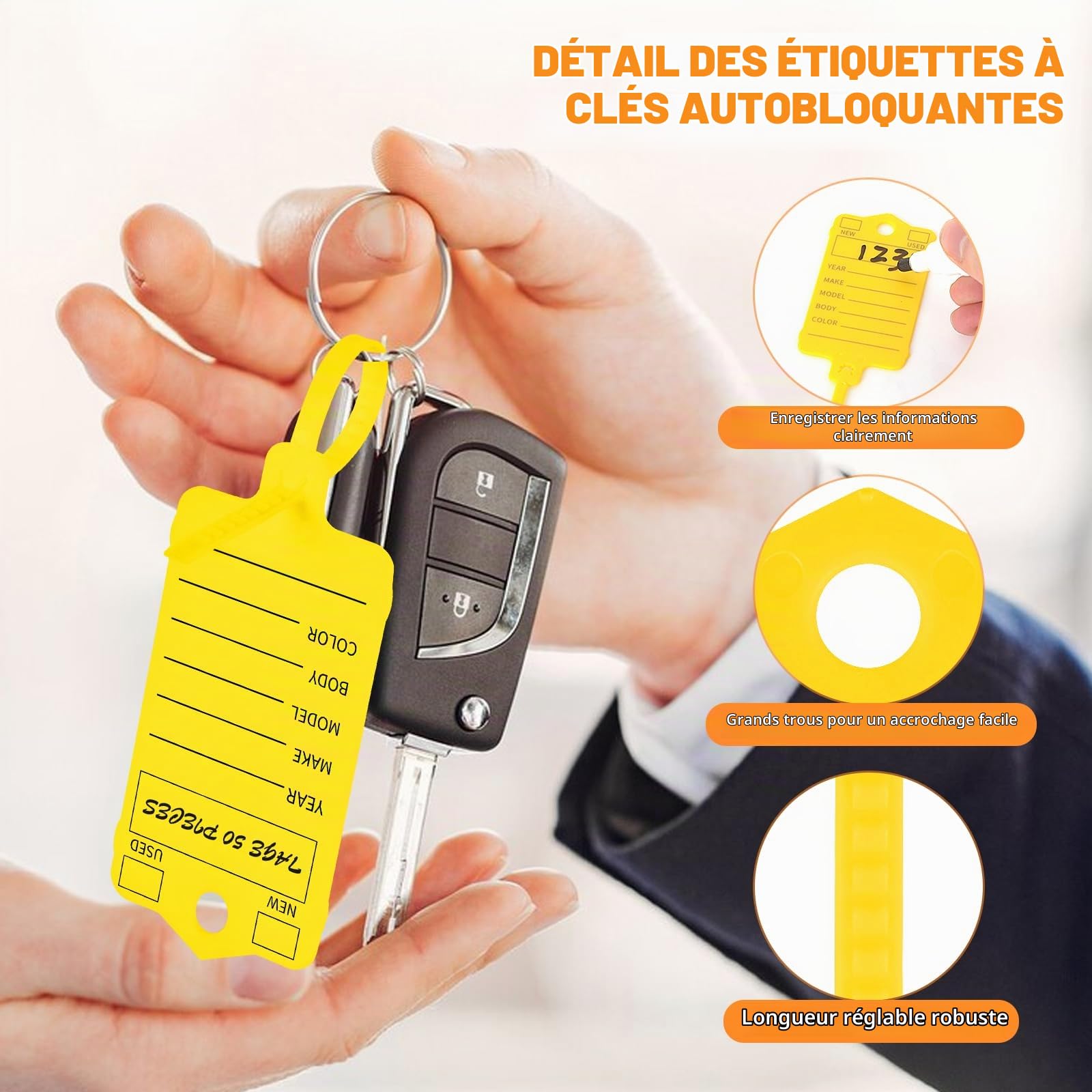 Lot de 200 étiquettes auto-verrouillables jaunes en plastique pour clés de voiture, étiquettes d'identification d'expédition, étiquettes étanches pour boîte à clés, bureau, magasin, concessionnaire