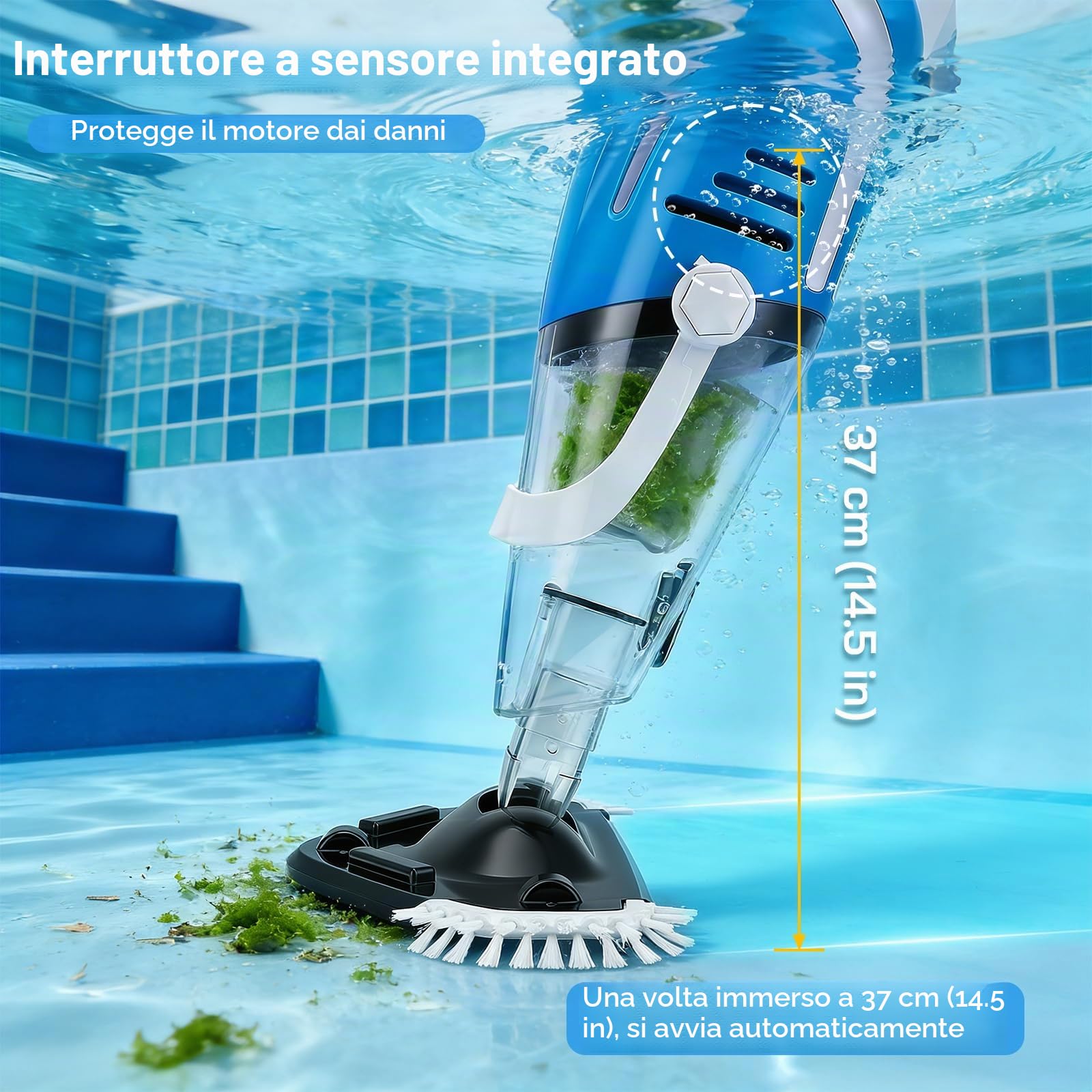 Potente Aspirapiscina con Batteria, Aspiratore Piscina Ricaricabile, Aspirazione 40L/min, Asta Telescopica 131–199cm, 2 Filtri Forte Aspirazione per Piscine, Vasche, Spa
