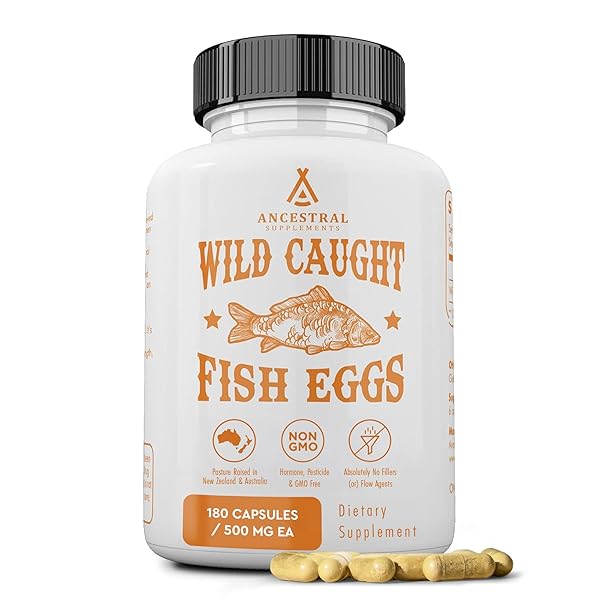 Ancestral Supplements Wild Caught Fish Eggs, 2400mg, Omega-3 Supplement Supports Brain, Heart, Fertility and Inflammatory Health, Whole Food Source of Vitamin D, K2, and A, Non-GMO, 180 Capsules
