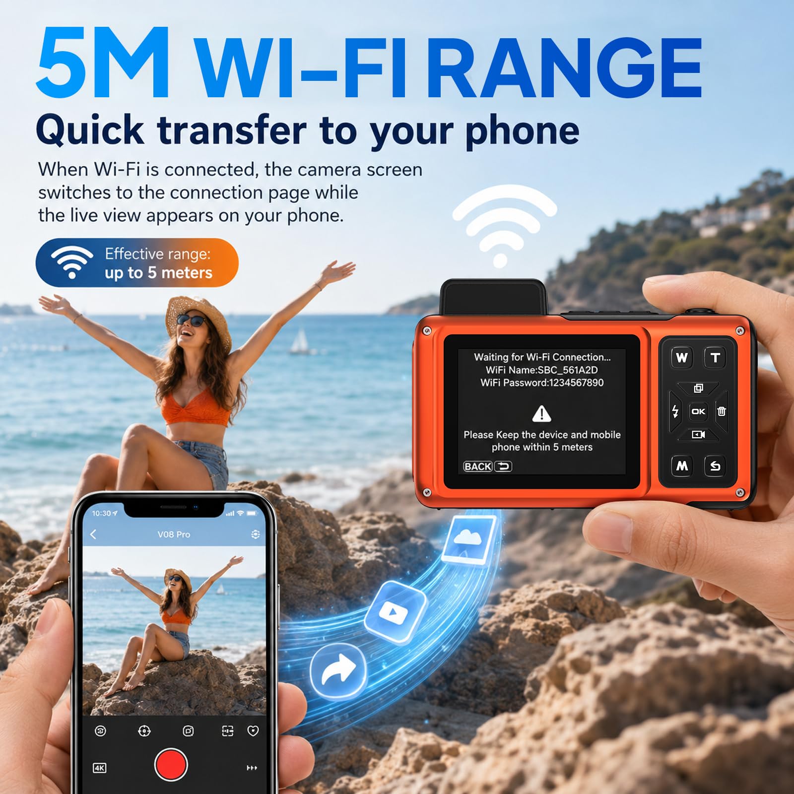 Maxmango V08 Pro 49FT Unterwasserkamera, 8K 90MP WiFi wasserdichte Digitalkamera mit 2,88-Zoll-Touchscreen, Staub- und Stoßfest, ideal zum Schnorcheln, Tauchen und Reisen,32GB Karte, Orange