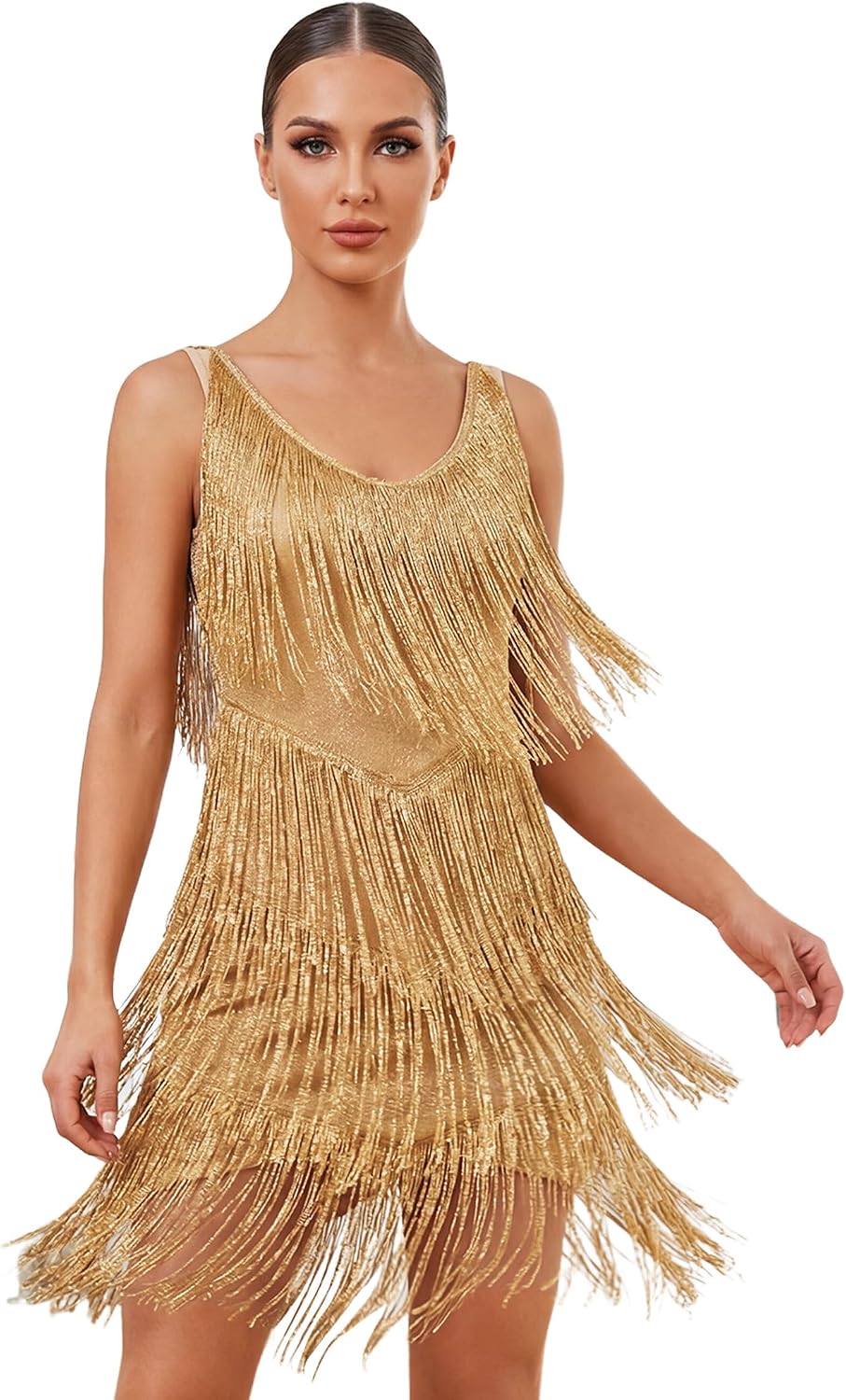 AFAVOM Sparkly Fringe Dress for Women Glitter Tassel Latin Dance Dress V-Neck V-Back Ballroom Jazz Salsa Competition Costume