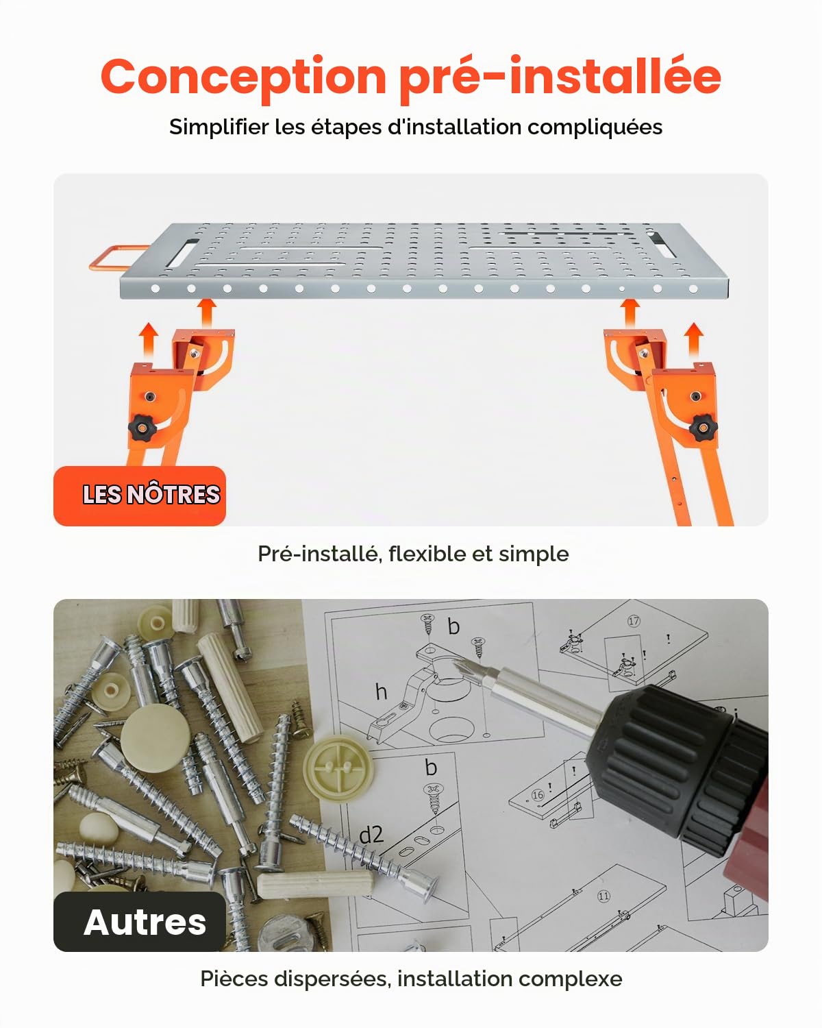 VEVOR Table de Soudure Pliable 533x1118 mm Établi de Soudage Hauteur Réglable 4 Niveaux Capacité de Charge 226 kg en Acier au Carbone Emplacements d'Outils, Trous de Fixation, pour Réparation Soudage