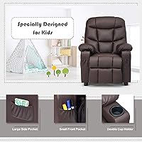 Vista 7 de Costzon Silla reclinable para niños con soporte para tazas, silla de salón de cuero ajustable con reposapiés y bolsillos laterales para habitación