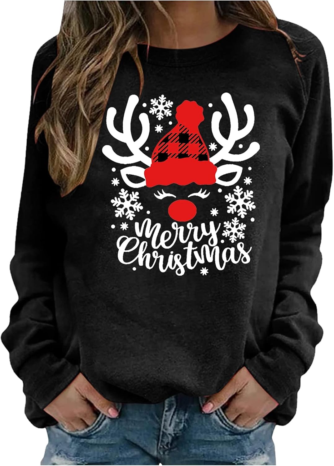 レディーススウェットシャツ長袖oneckchristmasプルオーバートップ Tシャツ レディース スポーツ 速乾 Black B L 贈与
