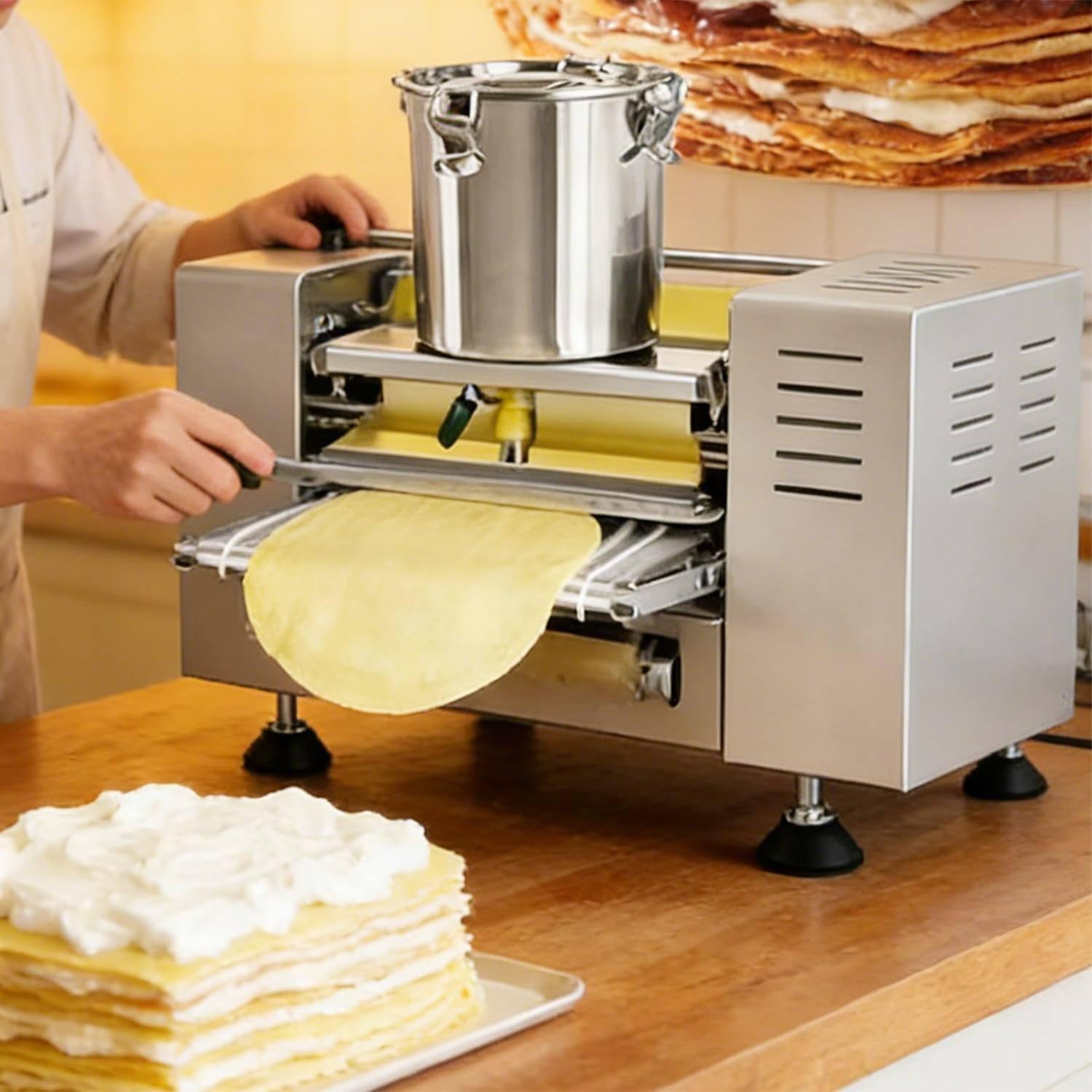 FJYAWEN Professional Crêpe Maker with Control Panel — Diameter: 15 to 23 Cm, Thickness: 0.4 to 1.2 Mm, Output: 100 to 300 Crêpes/Hour, Adjustable Speed ​​— for Bakeries 6in