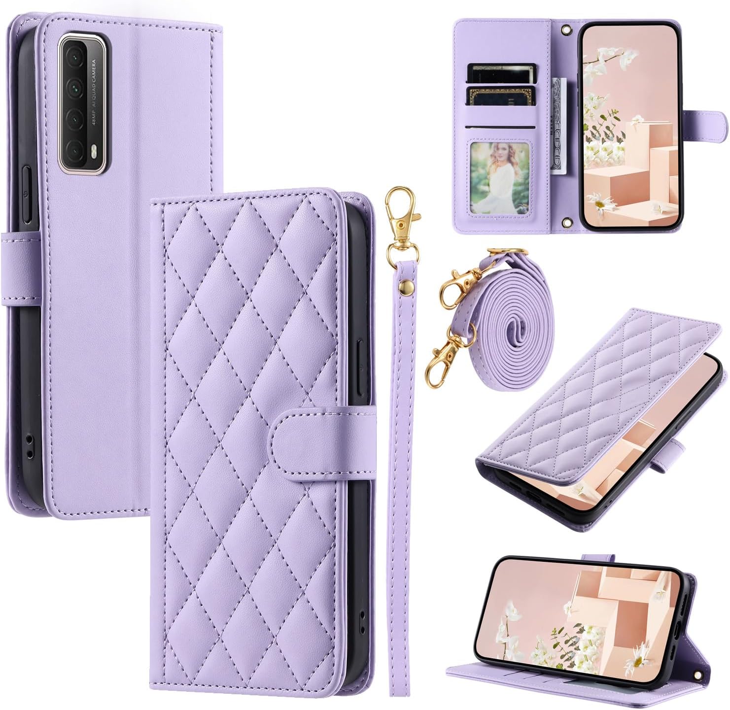 Compatible with Huawei P Smart 2021 LX1 Flip Kickstand Case Cover,Compatible with Huawei Y7a LX3 / Enjoy 20 SE AL20 Lanyard Magnetic Closure Wallet case Purple