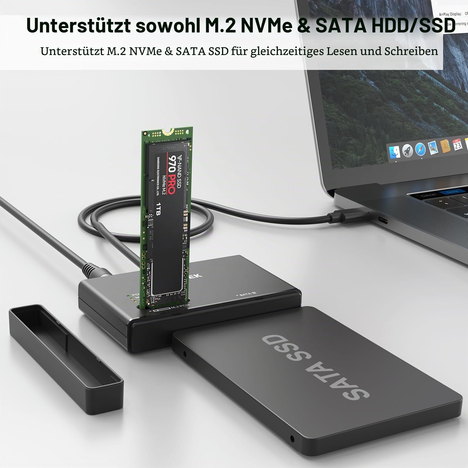 UNITEK M2 NVME und SATA USB 3.2 Adapter,10Gbps M.2 SSD Gehäuse,Werkzeuglos | Unterstützt SATA-Festplattenleser M und B&M-Schlüssel, kompatibel mit 2230/2242/2260/2280/22110 SSDs