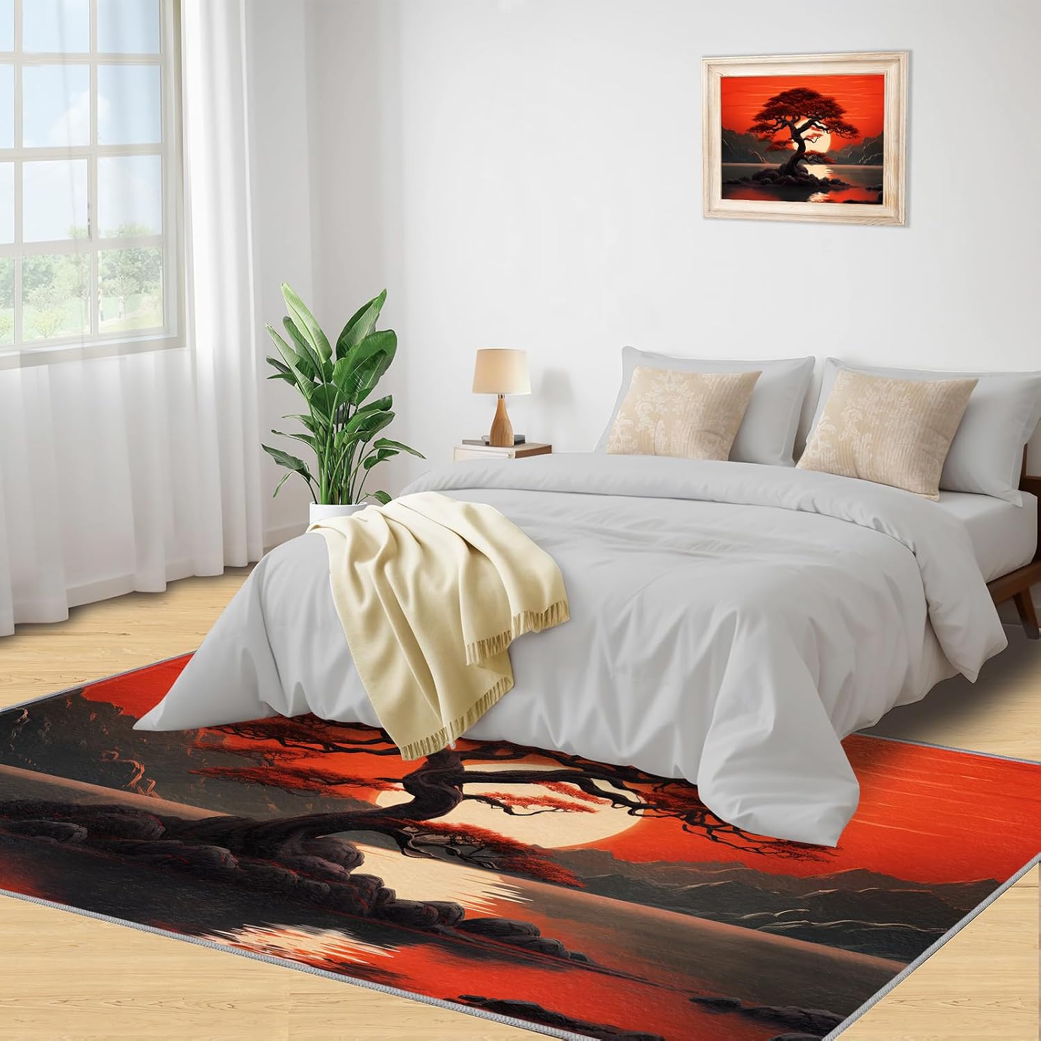 3x5 Japanese Zen Landscape Area Rug - Eastern Aesthetic Outdoor Rug for Porch, Sunset Tranquility Tree Area Rug Washable Non Slip for Bedroom Kitchen Living Room Entryway
