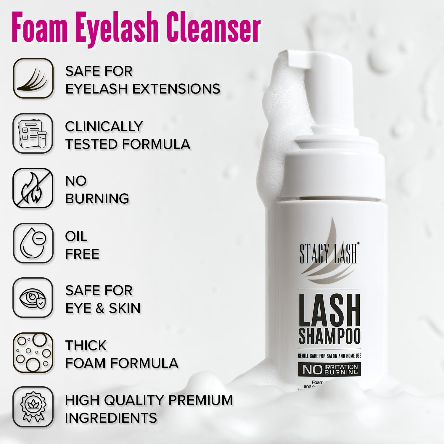 STACY LASH Kit di shampoo per ciglia da 50 ml, detergente schiumogeno con bobine di ciglia e flacone per risciacquo, tampone detergente e pennello per extension di ciglia, ciuffetti e ciglia naturali